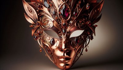 Ornate copper and garnet masquerade mask with jewels and floral design