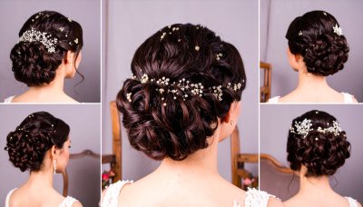 Elegant bridal updo with floral hair accessories