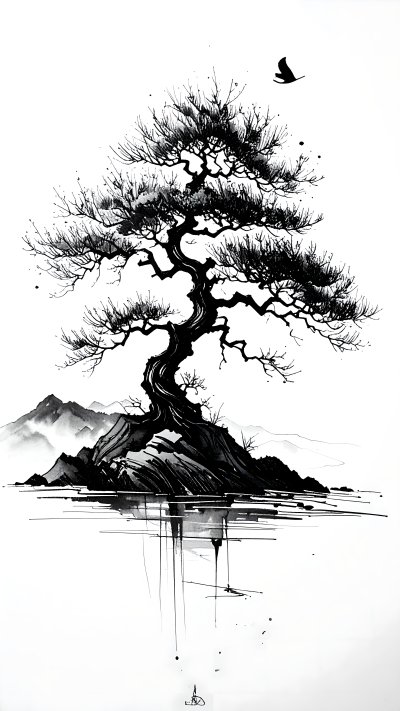 Black and white Sumi-e ink bonsai tree, island, reflection, bird