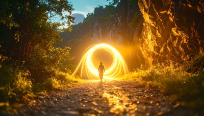 Mystical golden light portal in a lush forest