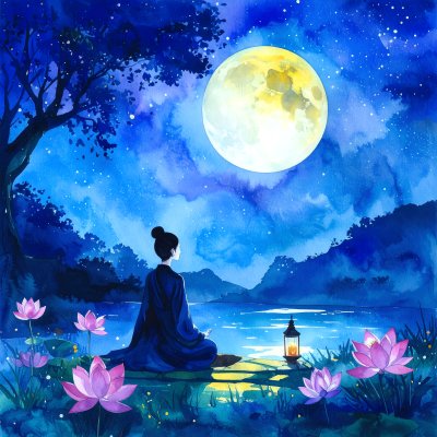 Meditative night scene with moon, lake, and lotus flowers