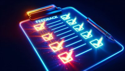 Futuristic digital feedback checklist with glowing checkmarks and pen