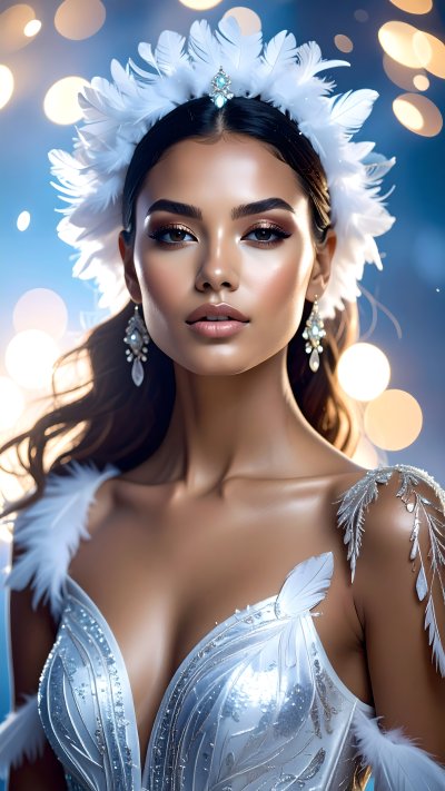 Woman in white feather headdress & silver dress w/ bokeh background