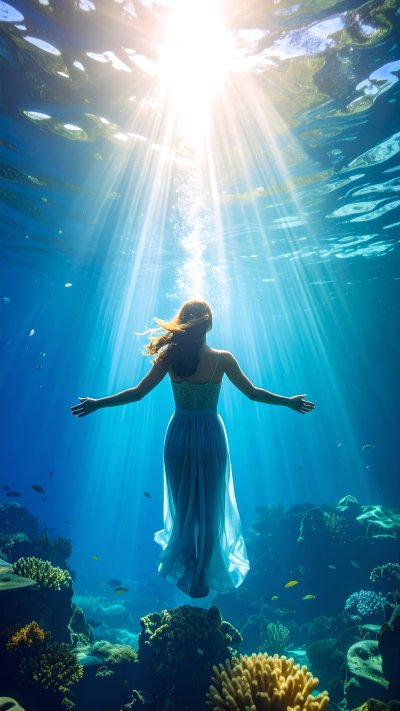 Woman in flowing dress ascending through sunlit underwater coral reef