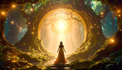 Mystical forest gateway with golden light and a woman in gown