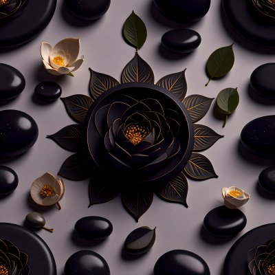 Zen spa arrangement with black stones, white flowers, and lotus design