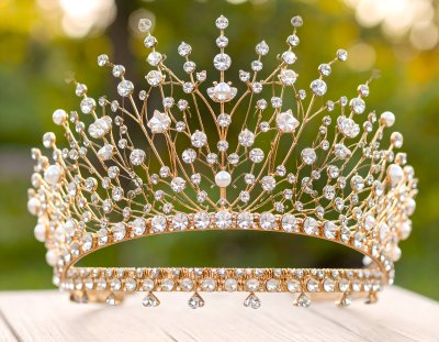 Royal gold tiara: diamonds, pearls. Elegance.