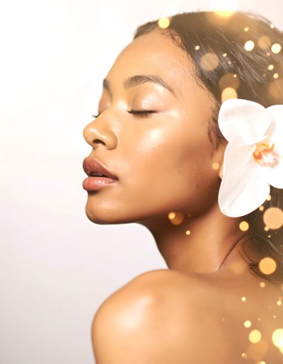 Serene beauty, radiant woman with orchid.