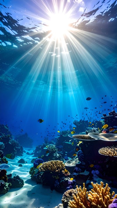 Vibrant coral reef underwater with bright sunbeams in blue ocean