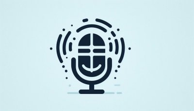 Minimalist black microphone icon with sound waves on light blue