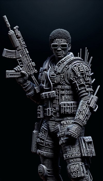 Cybernetic Soldier Illustration with Rifle, Black and White, Detailed