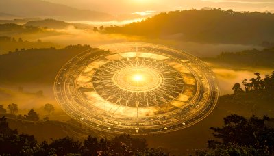 Mystical golden celestial mandala over misty mountains at sunrise
