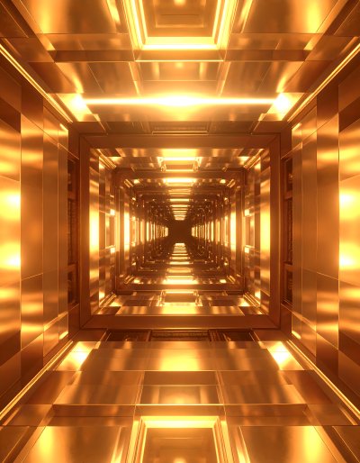 Futuristic golden tunnel with luminous geometric patterns