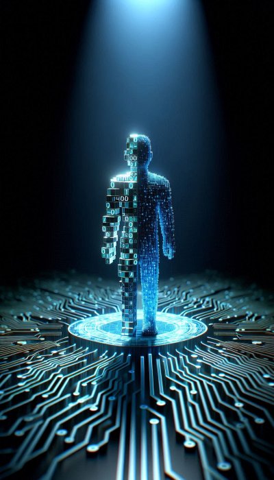 Binary human with circuit board texture against a dark background