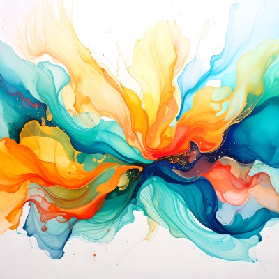 Vibrant Fluid Art: Teal, Orange, Yellow Explosion