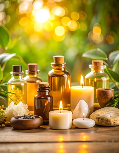 Serene oils and candles in golden sunlight