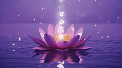 Mystical pink lotus on purple water with ethereal symbols and sparkles