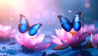Radiant blue butterflies on pink lotus flowers in serene blue water