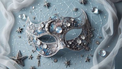 Celestial Masquerade Mask with Galaxy Design and Gemstones on Blue Bac