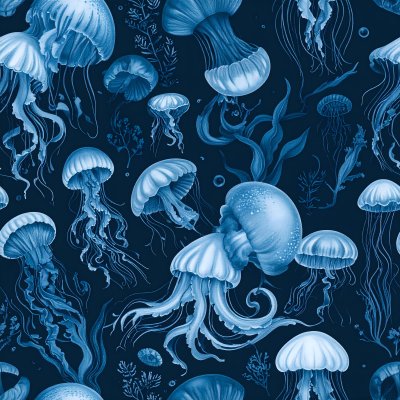 Blue watercolor seamless pattern with jellyfish and sea plants