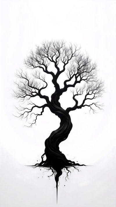 Twisted ancient tree illustration in black ink on white background