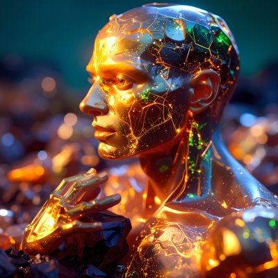 Gilded humanoid emerges from shattered earth, glowing with inner light