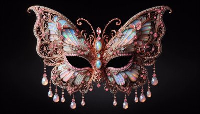 Opal butterfly mask with rose gold filigree on black