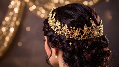 Gold crown, pearls, dark hair, luxury, enchantment.