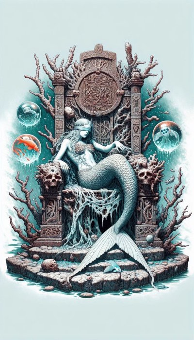 Mermaid Queen on Throne with Coral, Skulls, and Underwater Spheres