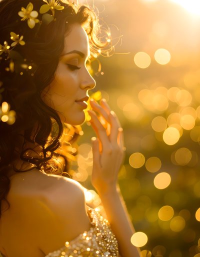 Ethereal woman with flowers in golden hour sunlight