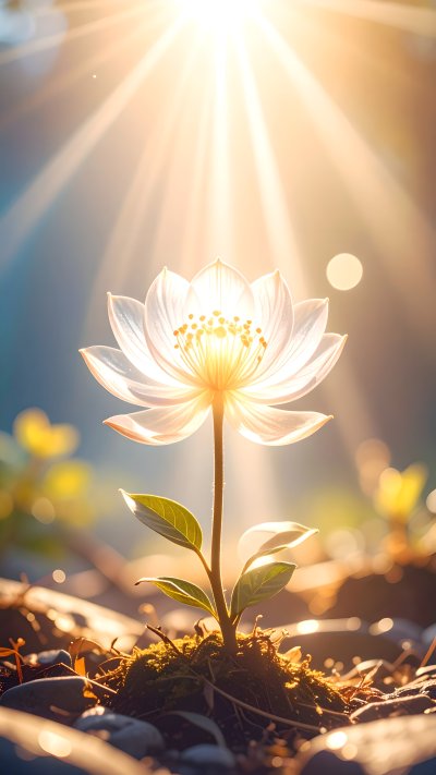 Luminous white flower in golden sun rays, hope and growth concept