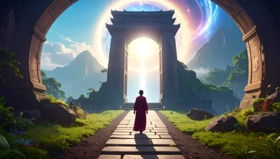 Mystical journey through celestial gateway, spiritual enlightenment