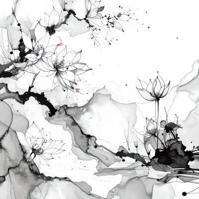 Zen Lotus Flowers in Ink Wash Style