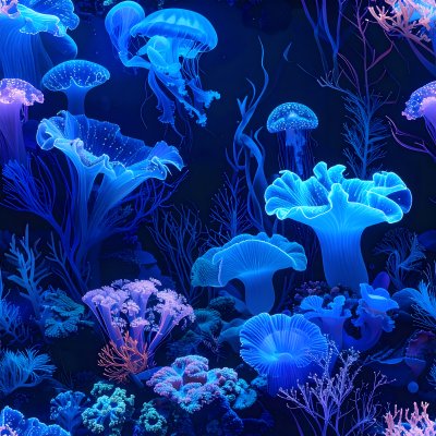Seamless pattern of glowing deep sea life with jellyfish, coral
