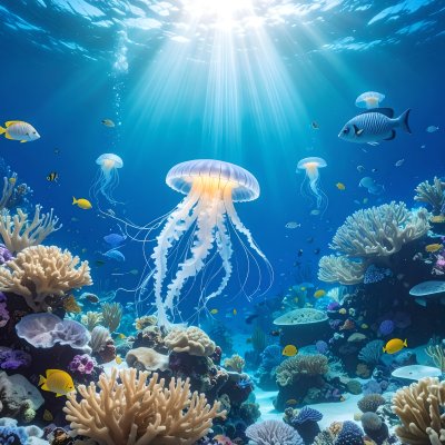 Vibrant underwater scene with jellyfish, fish, coral reef, sunbeams
