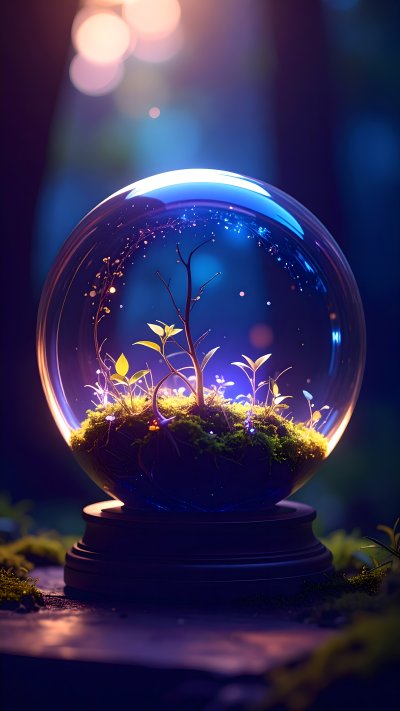 Magical glowing glass globe terrarium with plants in dark forest