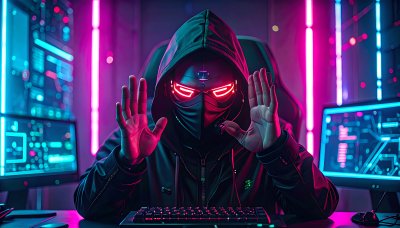 Mysterious hacker in neon room, hands raised in readiness