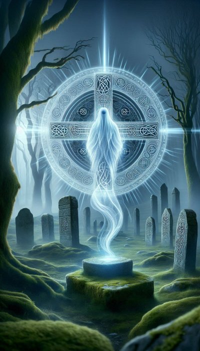 Ethereal spirit in Celtic graveyard with glowing symbol