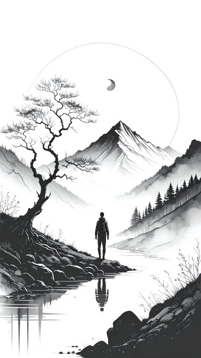 Solitary figure by river in black & white mountain landscape w/ tre...
