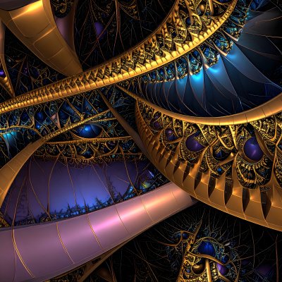 Intricate golden fractal with glowing blue and purple accents
