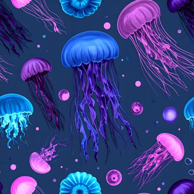 Glowing blue and pink jellyfish seamless pattern in deep water