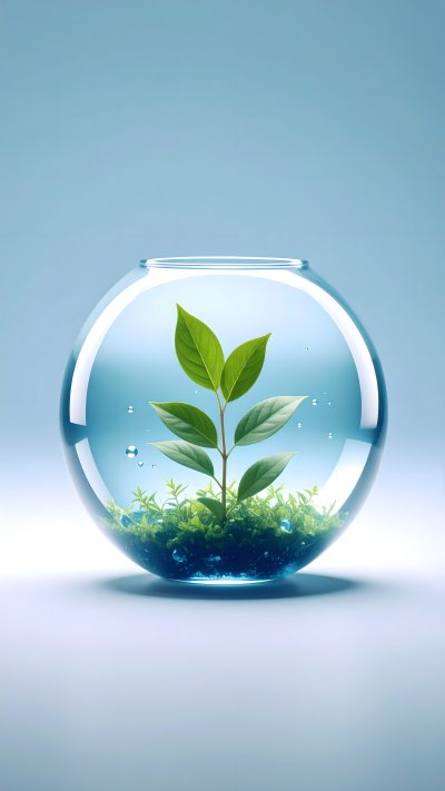 Green plant in glass fishbowl with blue water and moss