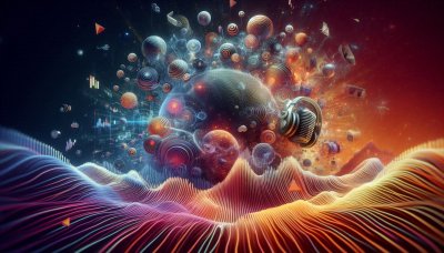 Vibrant sound explosion artwork with spheres, sound waves, and audio g