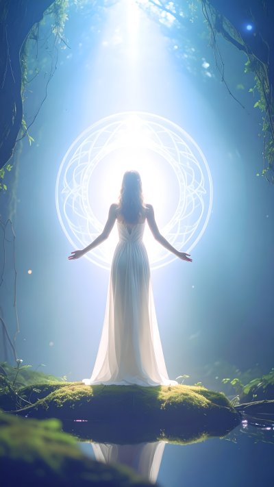 Woman before glowing mystical circle in forest clearing