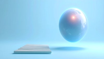 Ethereal blue sphere with glowing core over minimalist white ramp