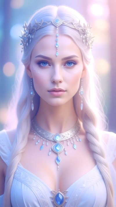 Ethereal fantasy woman with pale hair, blue eyes, and gemstone jewelry