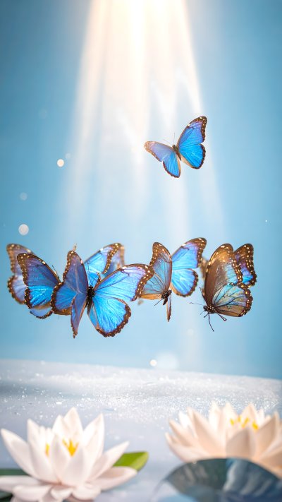 Ethereal blue morpho butterflies and water lilies in sunlit sky