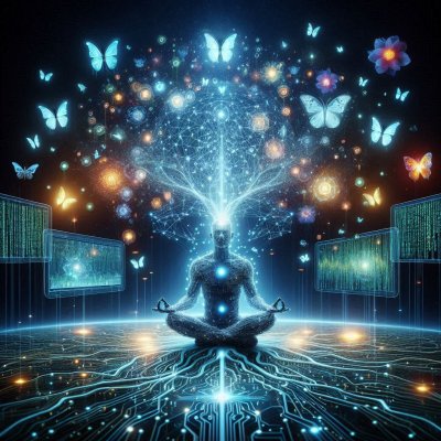 Meditating figure in circuit board, brain network, butterflies, connec