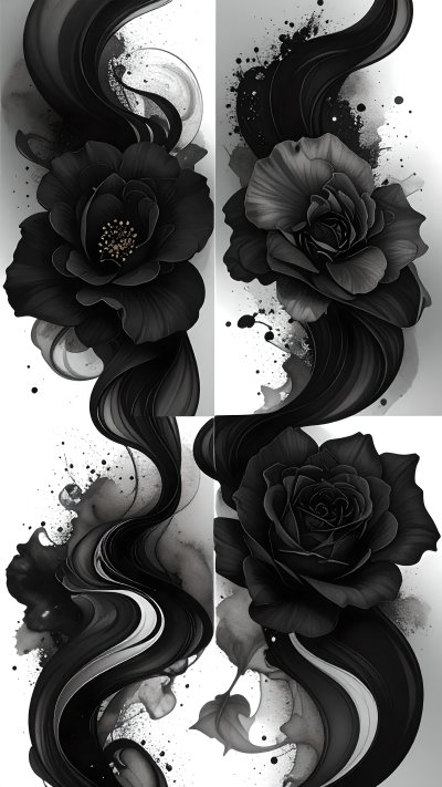 Abstract black flowers with dark flowing ink and paint splatters