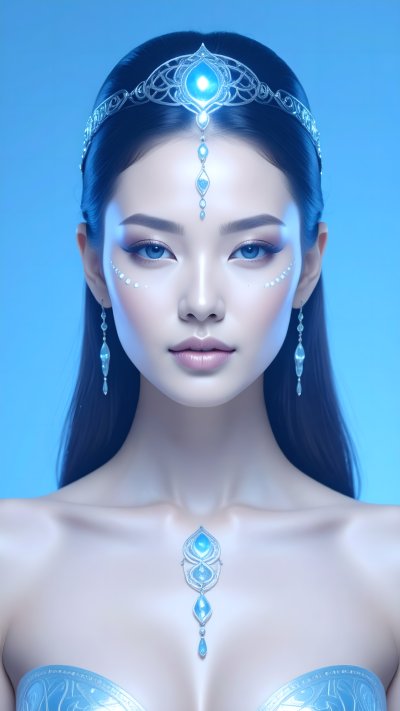 Ethereal fantasy woman w/ blue glowing crystal jewelry on blue back...